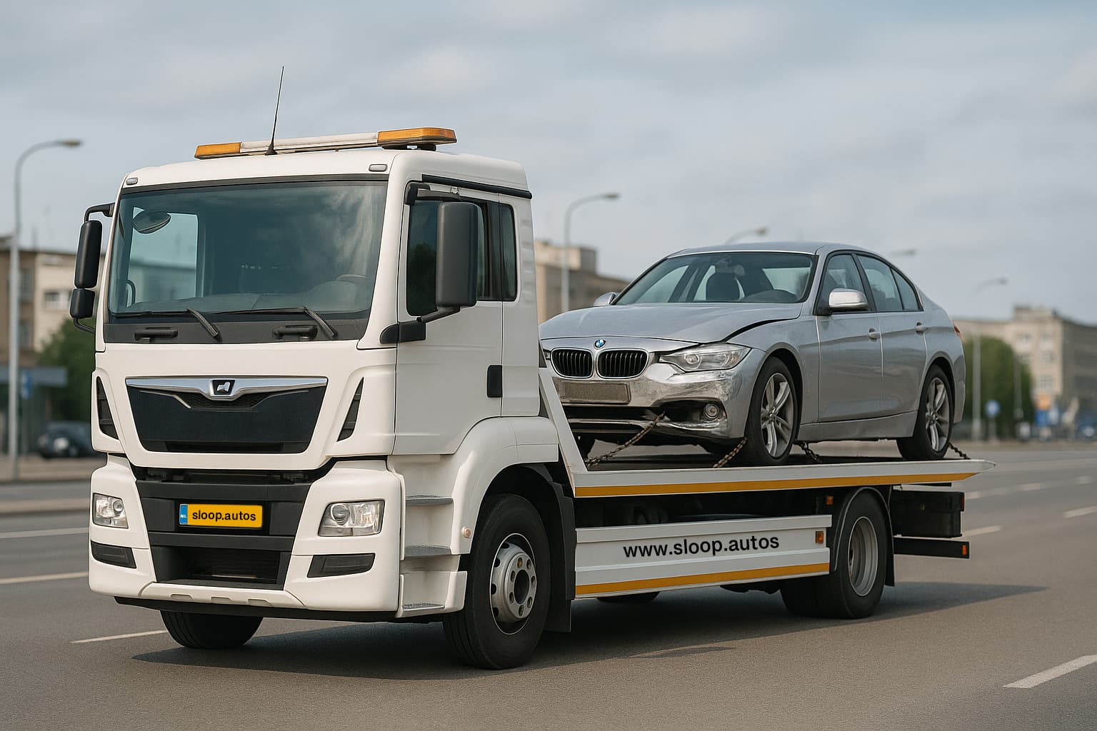 Professional sloop.autos tow truck transporting BMW for recycling